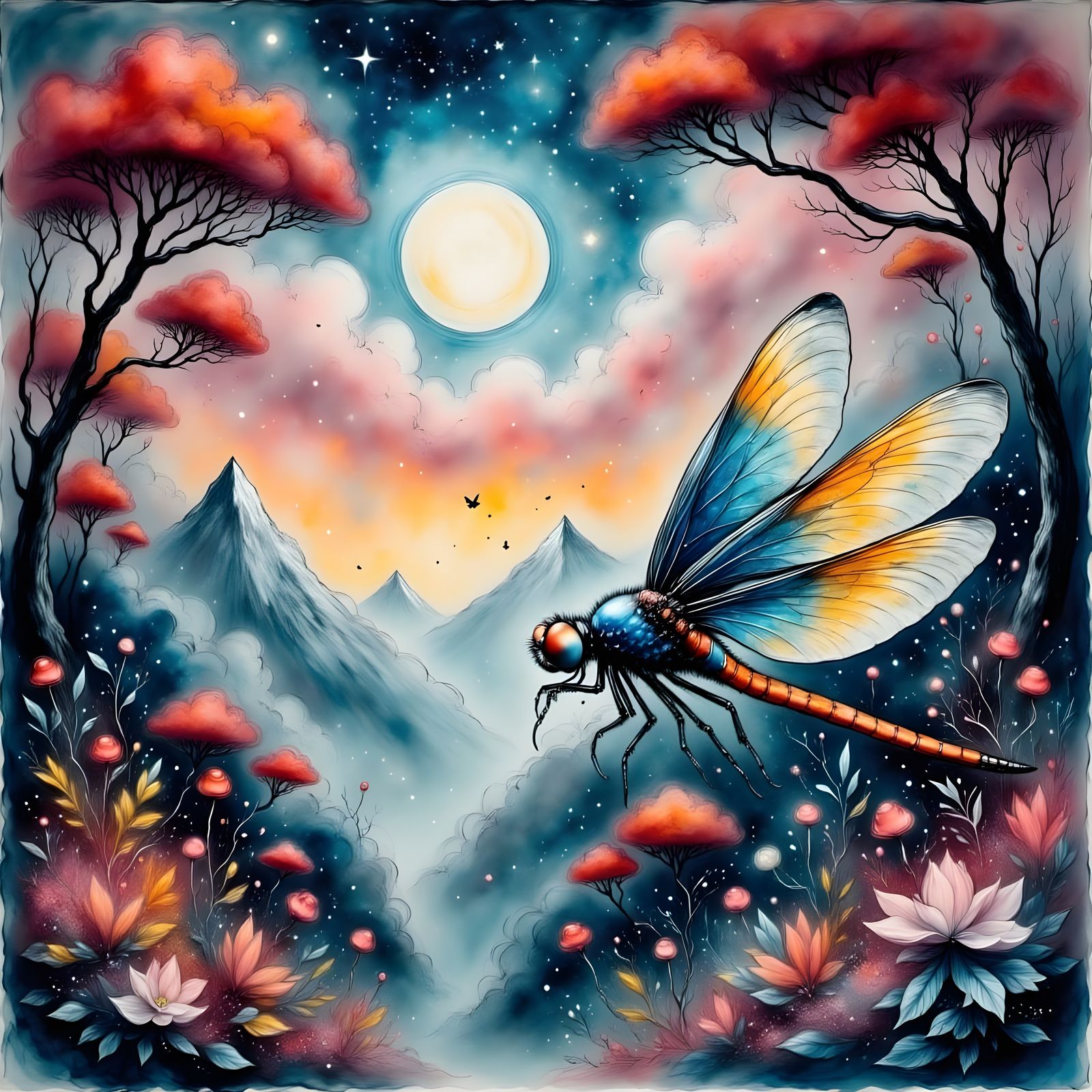 Ethereal Dragonfly in Abstract Watercolor Landscape