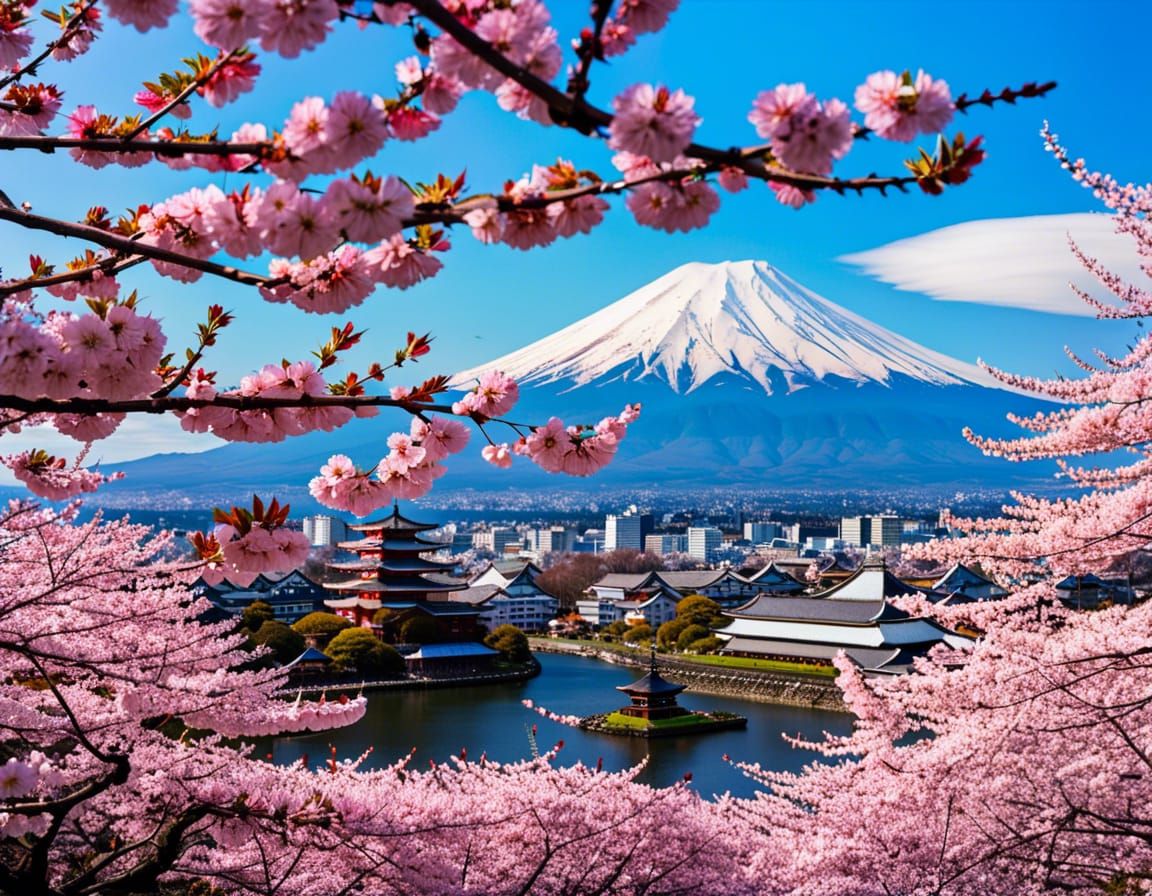 Cherry Blossoms in Japanese City with Mount Fuji