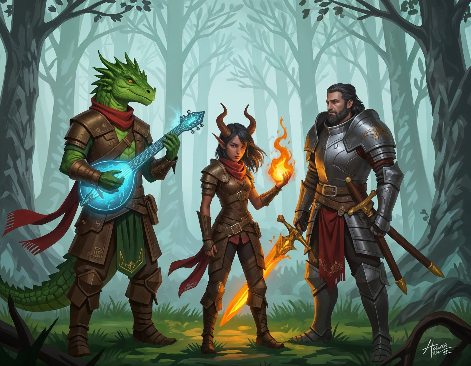 Fantasy Illustration of D&D Characters in Misty Forest