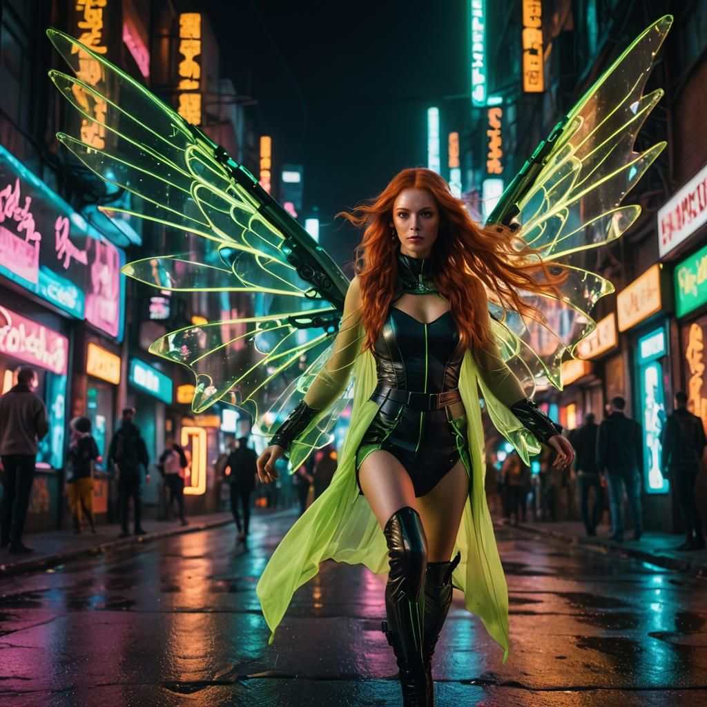 Redhead Fairy in Cyberpunk Neon Cityscape