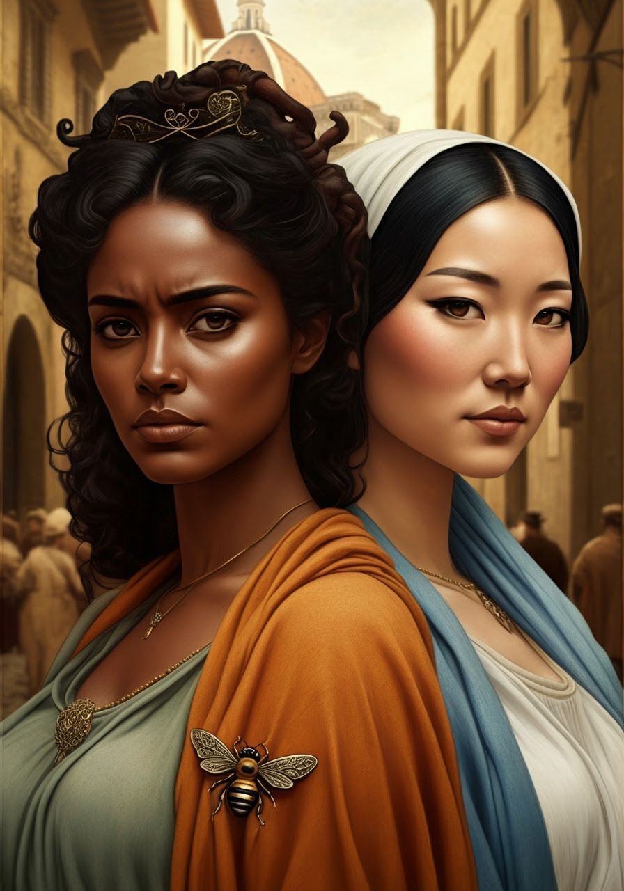 Two Women in Classical Attire, Arthur Rackham Style