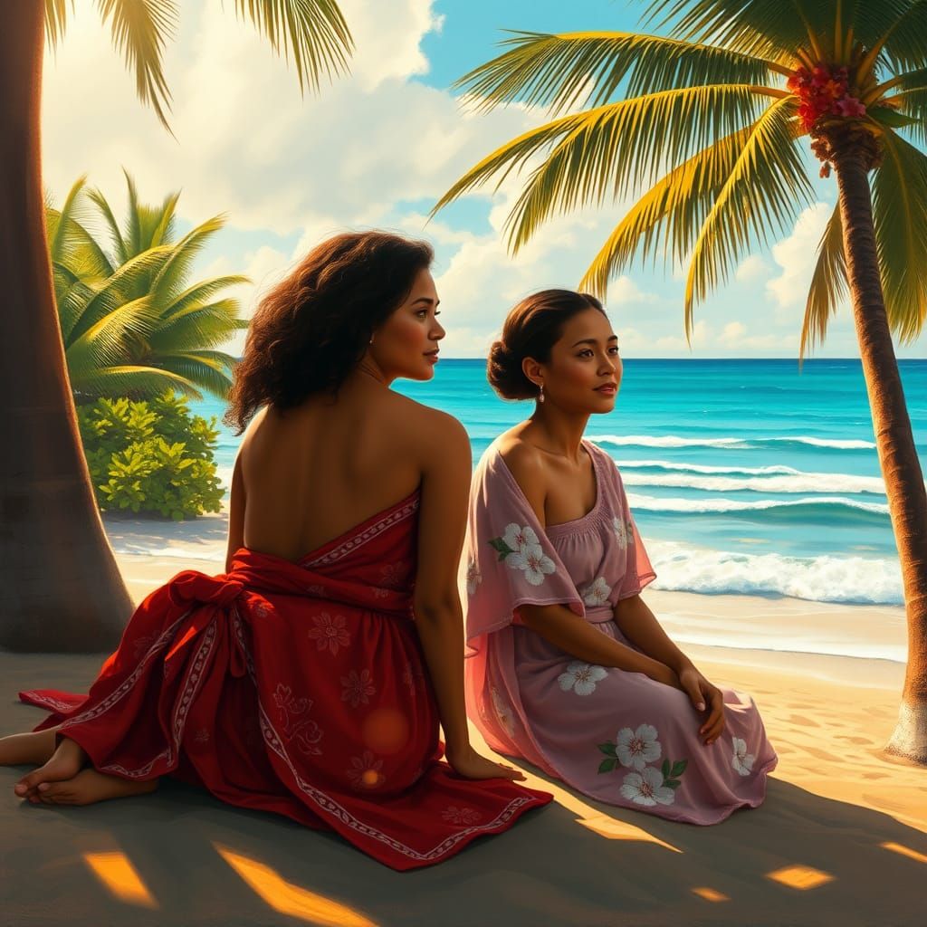 Tahitian Women on Tropical Beach in Post-Impressionist Style