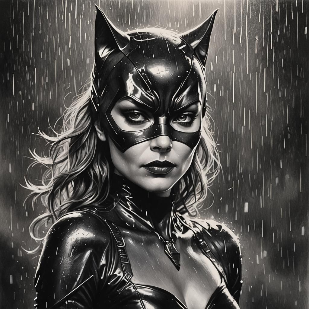Catwoman in Rain: A Hyperdetailed Cinematic Painting