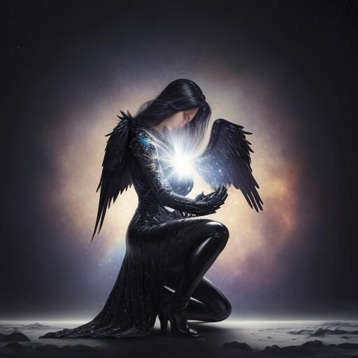 Winged Figure Kneeling in Space Holding Orb