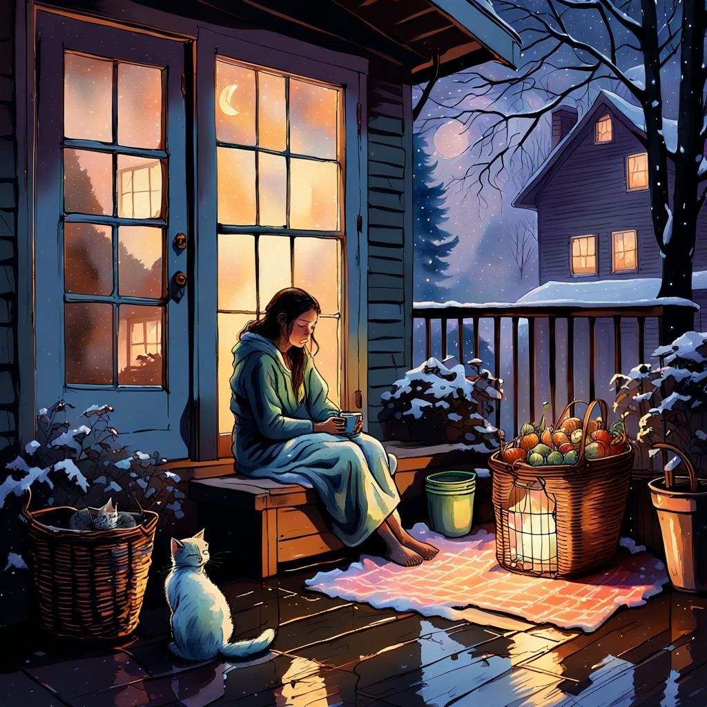 Ethereal Night Scene: Girl, Kittens, and String Lights