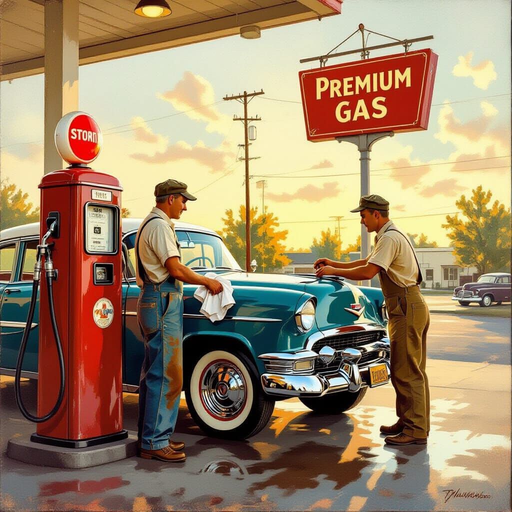 Vintage Gas Station Scene in Realistic Oil Painting Style