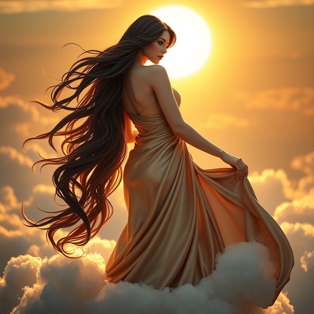 Ethereal Air Goddess in Futuristic Sunset