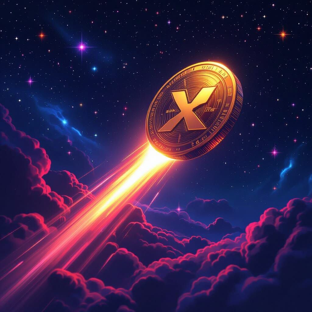 XRP Coin Soars Through Starry Sky in Neon Style