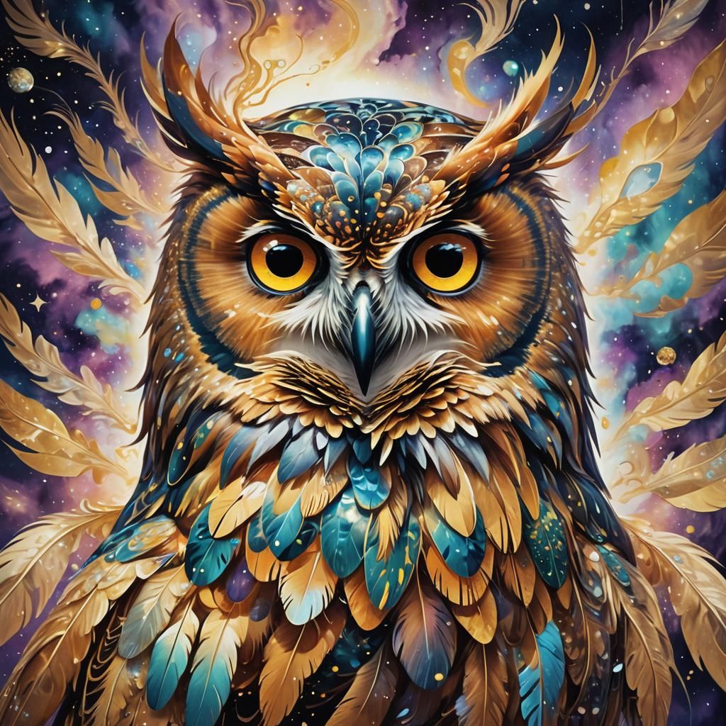 Cosmic Owl of the 5th Dimension: Surreal Illustration