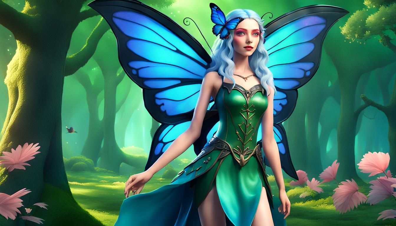 Elven Woman with Butterfly Wings in Lush Forest