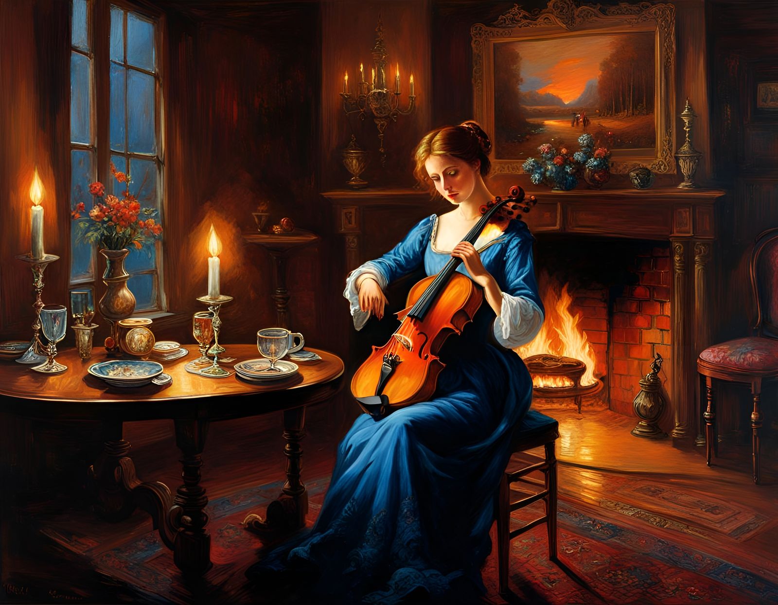 Firelight Violin Serenade in Restaurant: Action Painting