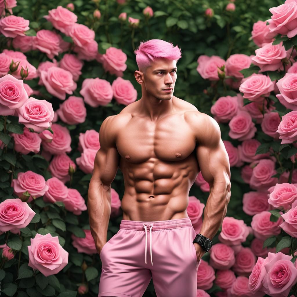 Pink Haired Man Posing in Rose Garden