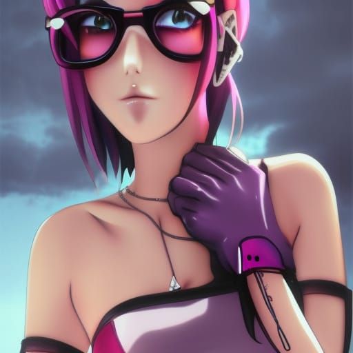 Cute Pink Punk Goth Brunette in Anime Style