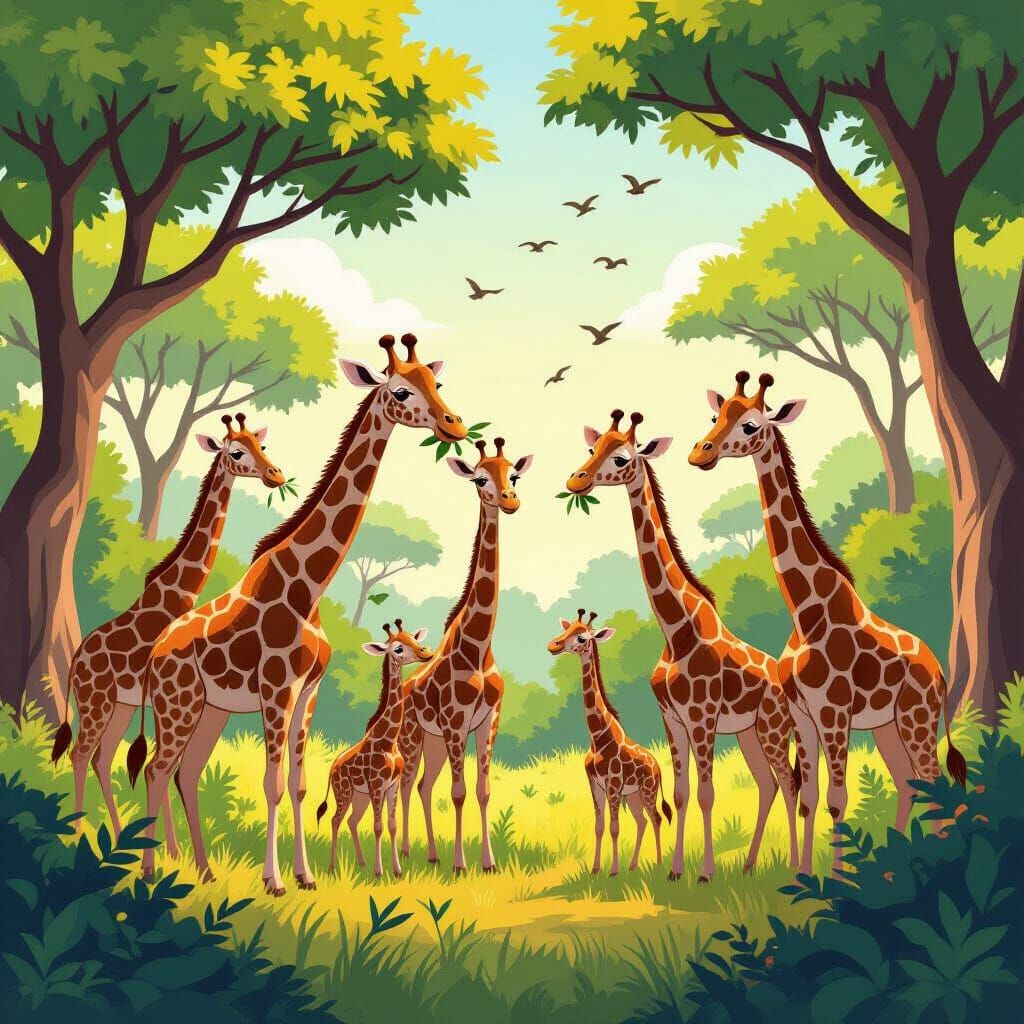 Giraffes Grazing in African Forest Cartoon Illustration