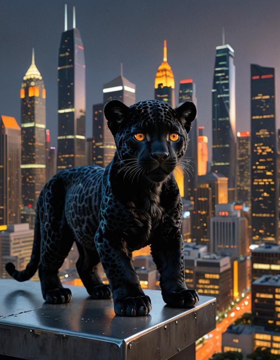 Photorealistic Black Jaguar Cub with Robotic Eyes