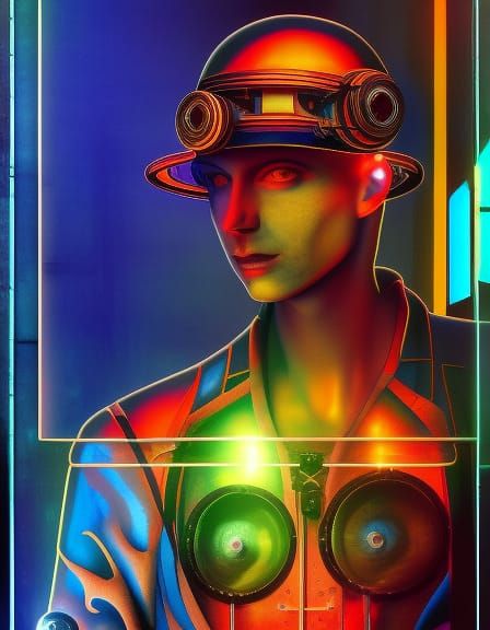 Cyberpunk Man: Bauhaus Poster with Stained Glass