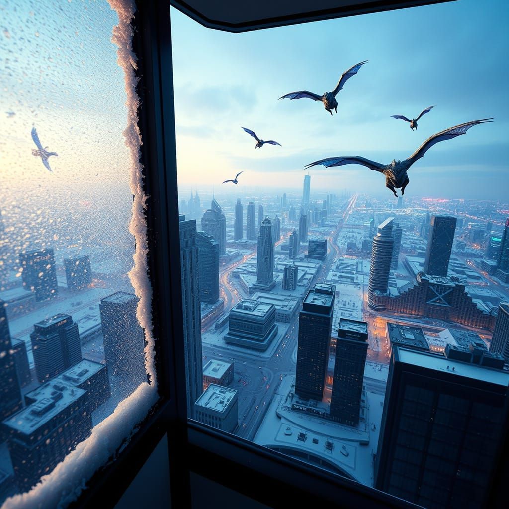 Futuristic Cityscape with Majestic Dragons Soaring Above