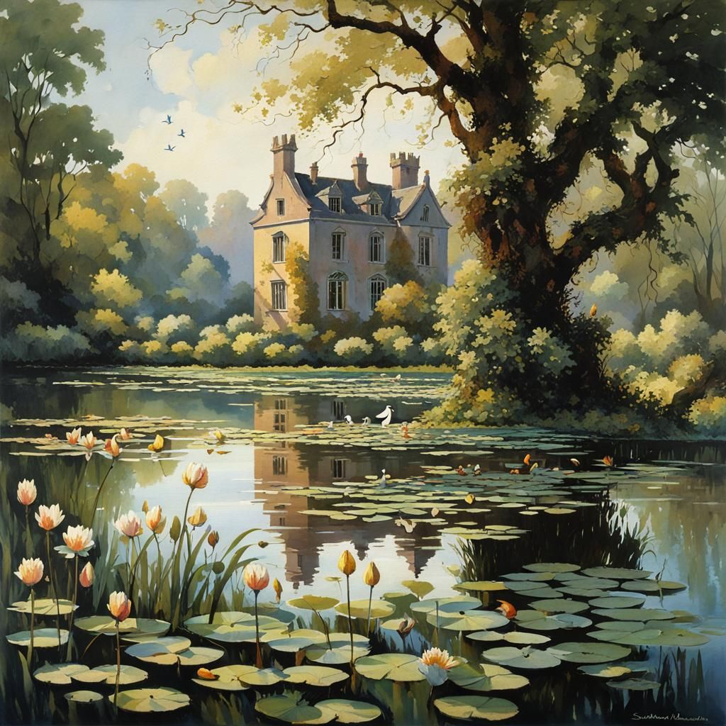 Lakeside Manor Ruins in Watercolor Style