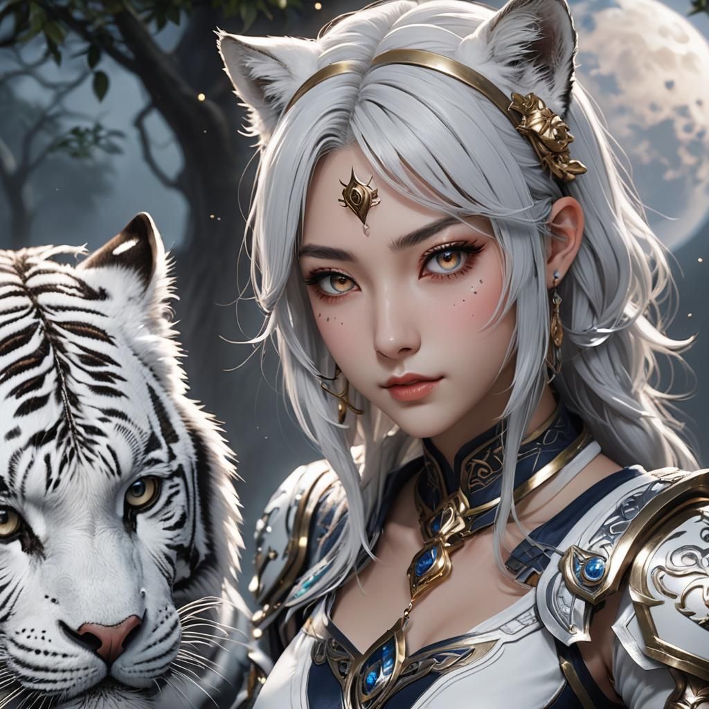 Cyberpunk-Inspired Moon Elf White Tiger Hybrid Concept Art