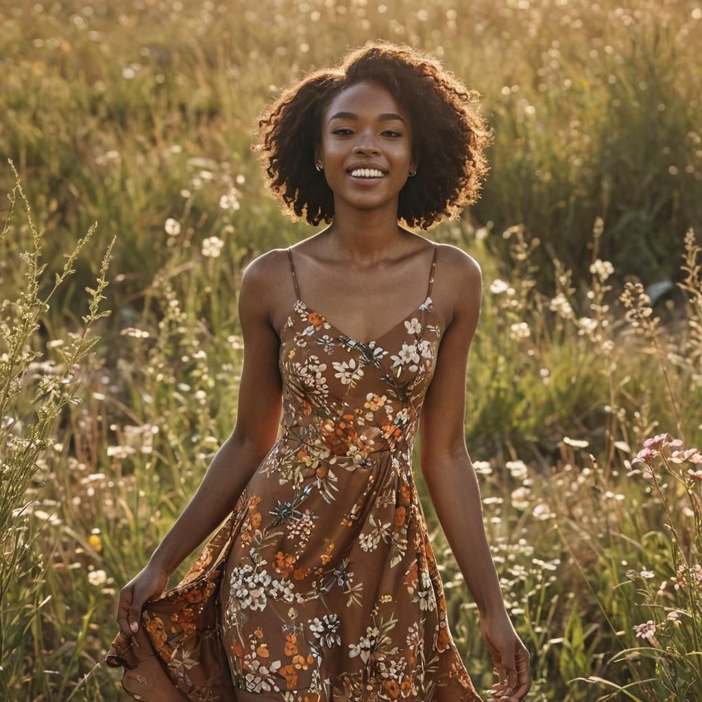 Joyful Ebony Woman in African Meadow: Photorealistic Art