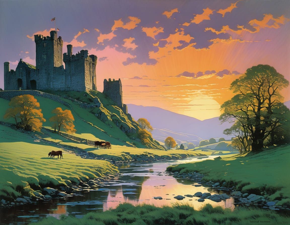 Pastel Sunset Over Irish Countryside with Stream and Horses