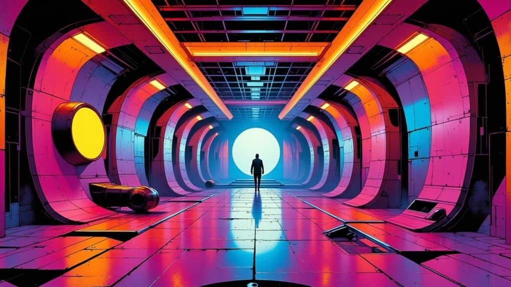 Retrofuturistic Space Station Bar Entrance in Spacecore Styl...