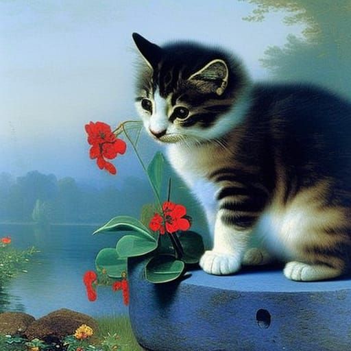 Kitten Touches Flower in Garden Painting