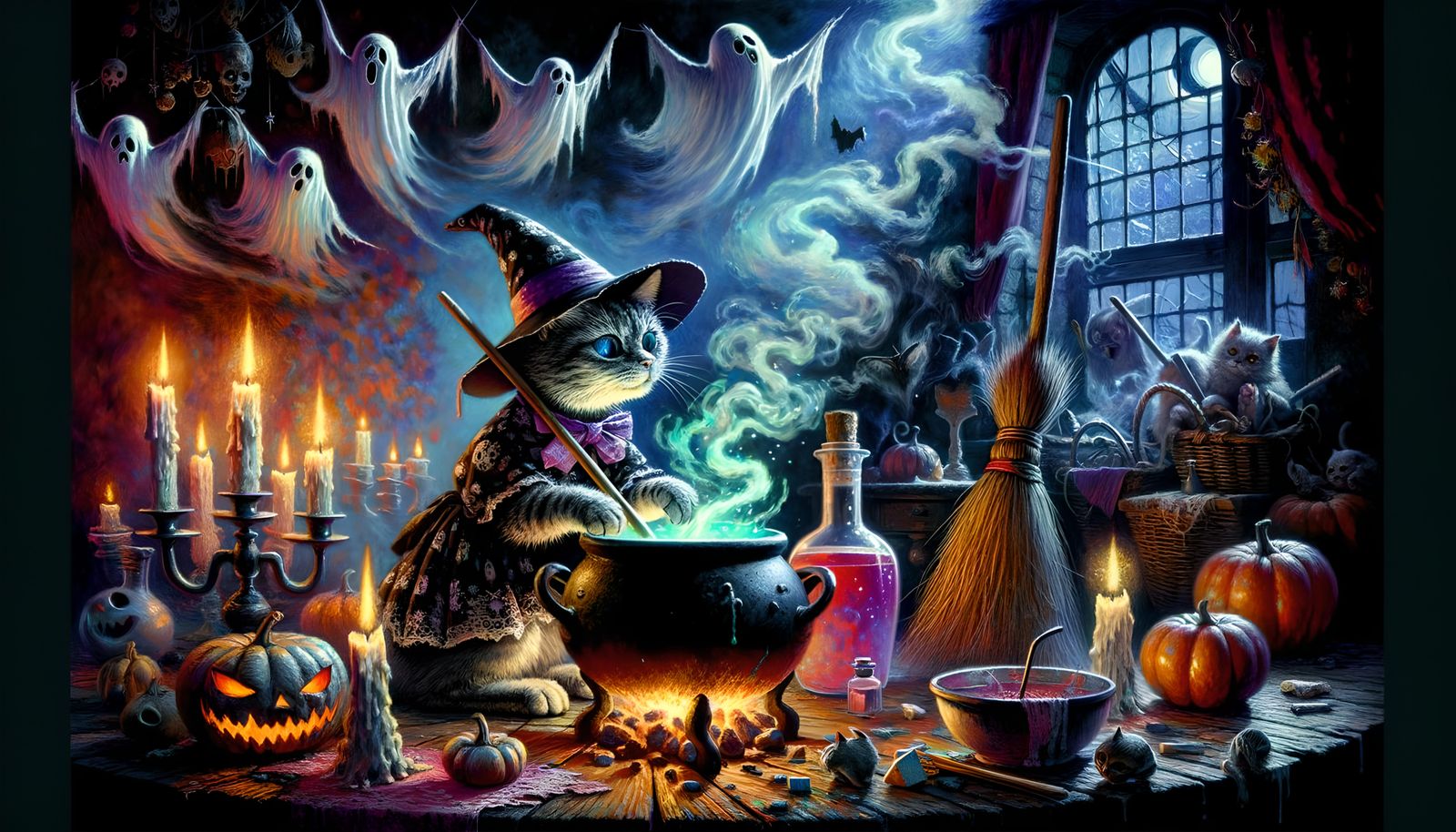 Witch Cat Brewing Potion in Dark Expressionism Style
