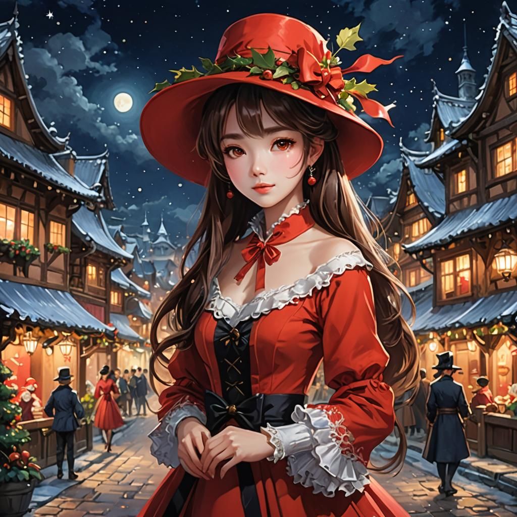 Woman in Red Dress: Rococo Painting in Village