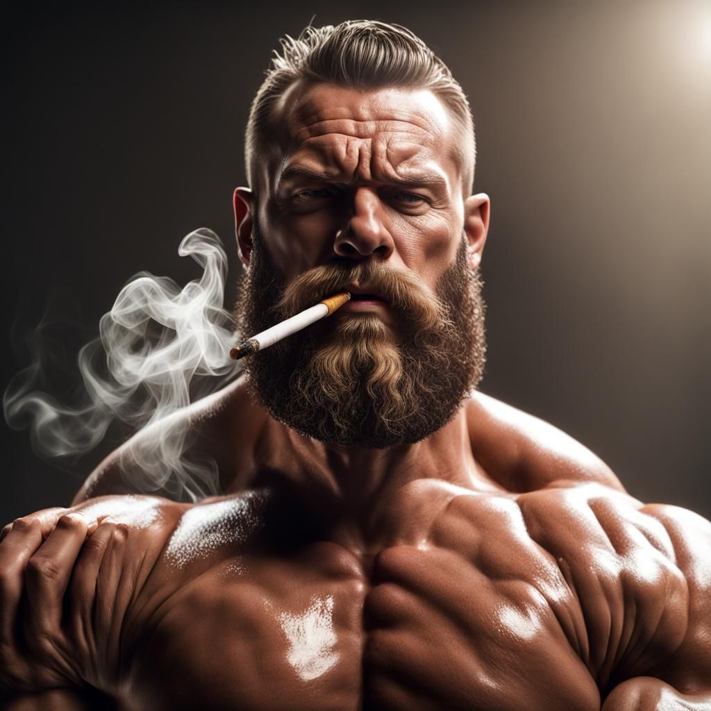 Hyperrealistic Portrait: Muscular Bodybuilder Smoking