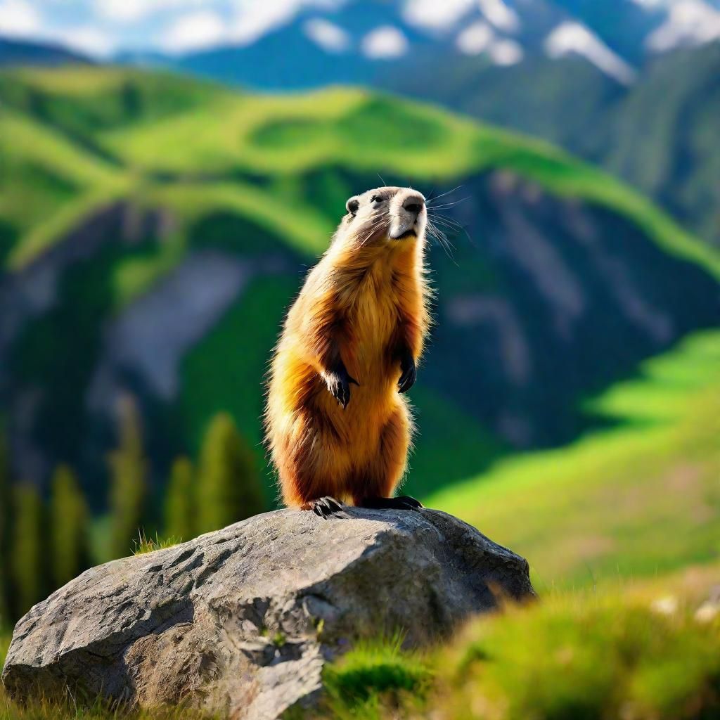 Dramatic Mountain Marmot in Vivid Green Landscape