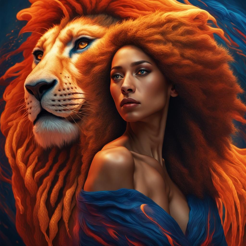 Surreal Woman with Lion's Mane in Oil Painting Style