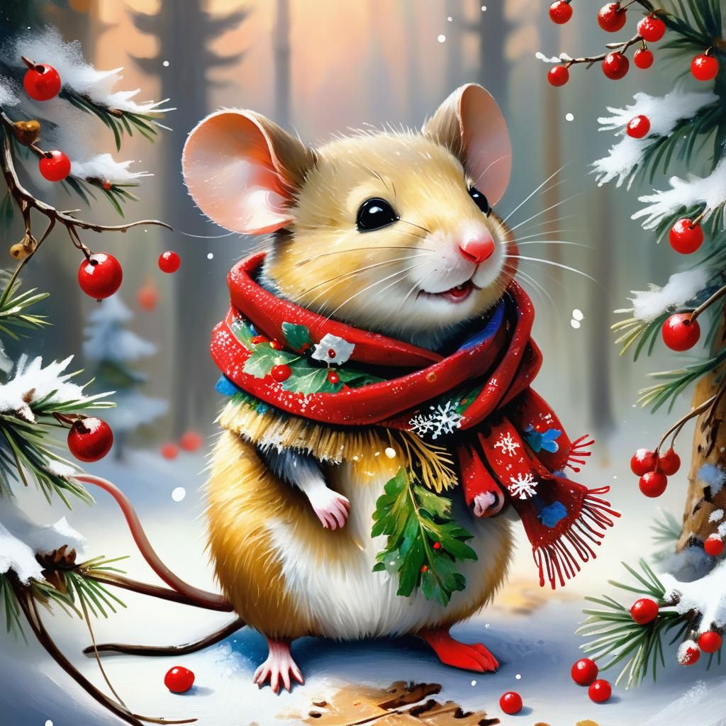 Festive Red Mouse in Symbolic Oil Painting