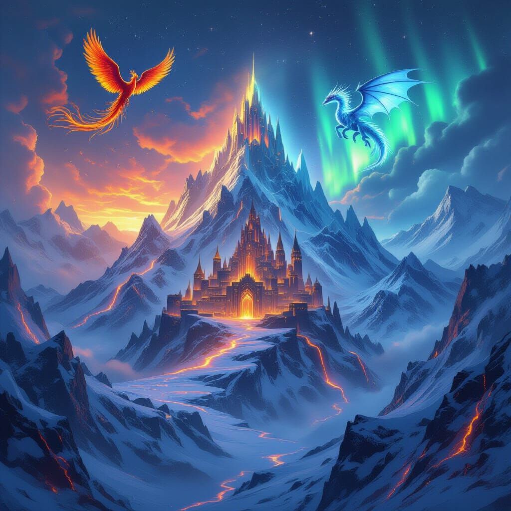 Fantasy Mountain Range with Phoenix and Dragon