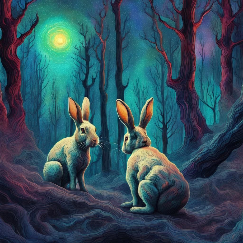 Ethereal Dark Forest: Two Bunnies in Van Gogh Style