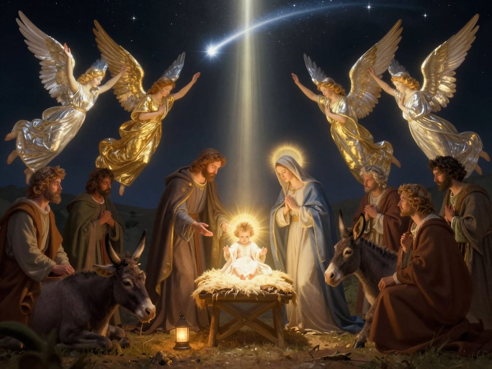 Sacred Nativity Scene Under Starry Sky with Luminous Comet