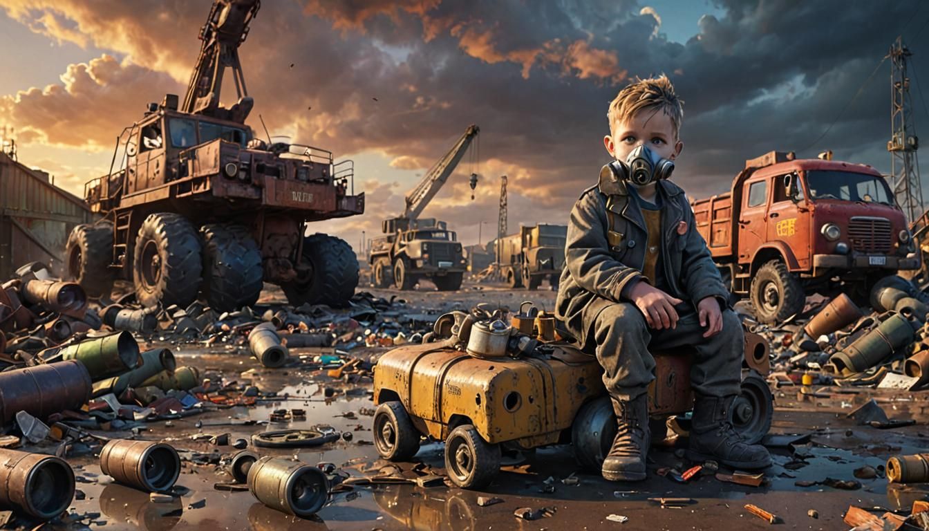 Dieselpunk Port Scene: Boy with Toy Car in Grimy Setting