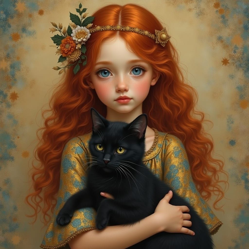 Enchanting Portrait of Girl with Red Hair and Black Cat