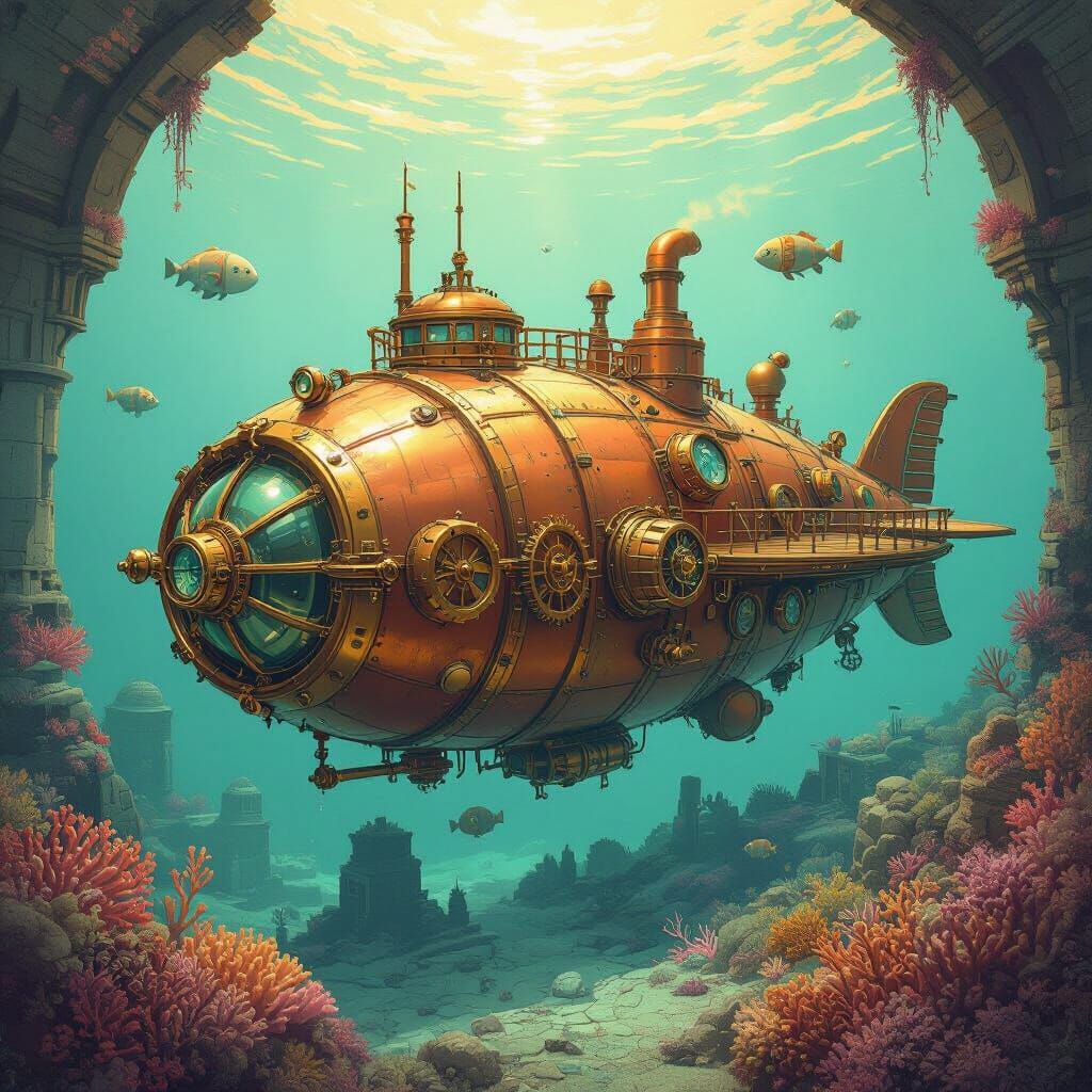 Steampunk Nautilus Submarine Exploring Sunken City
