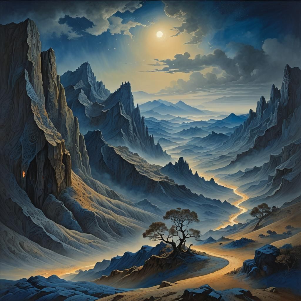 Mystical Landscape Painting with Ethereal Golden Light
