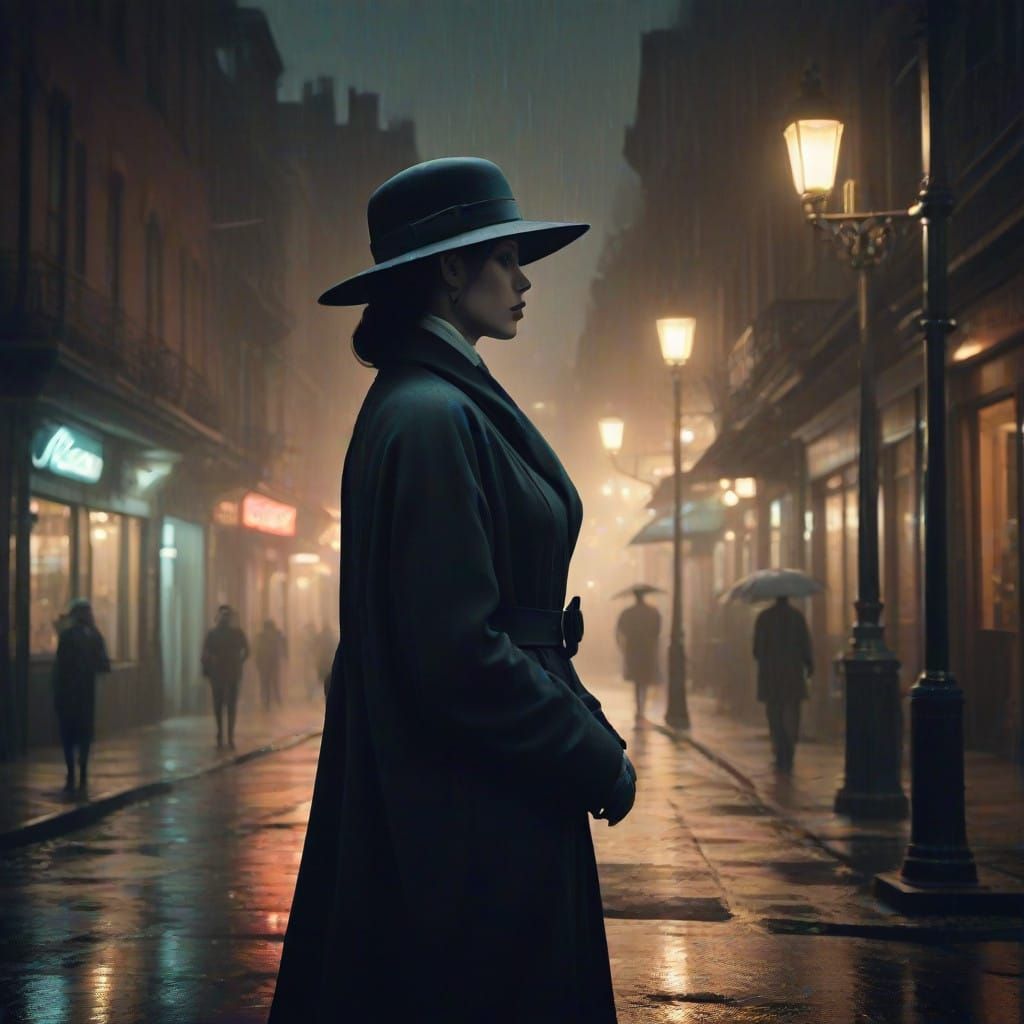Elegant Woman in Rainy City Night