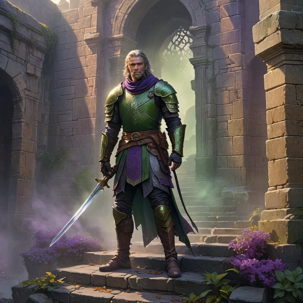 Heroic Knight with Glowing Sword on Misty Ruins