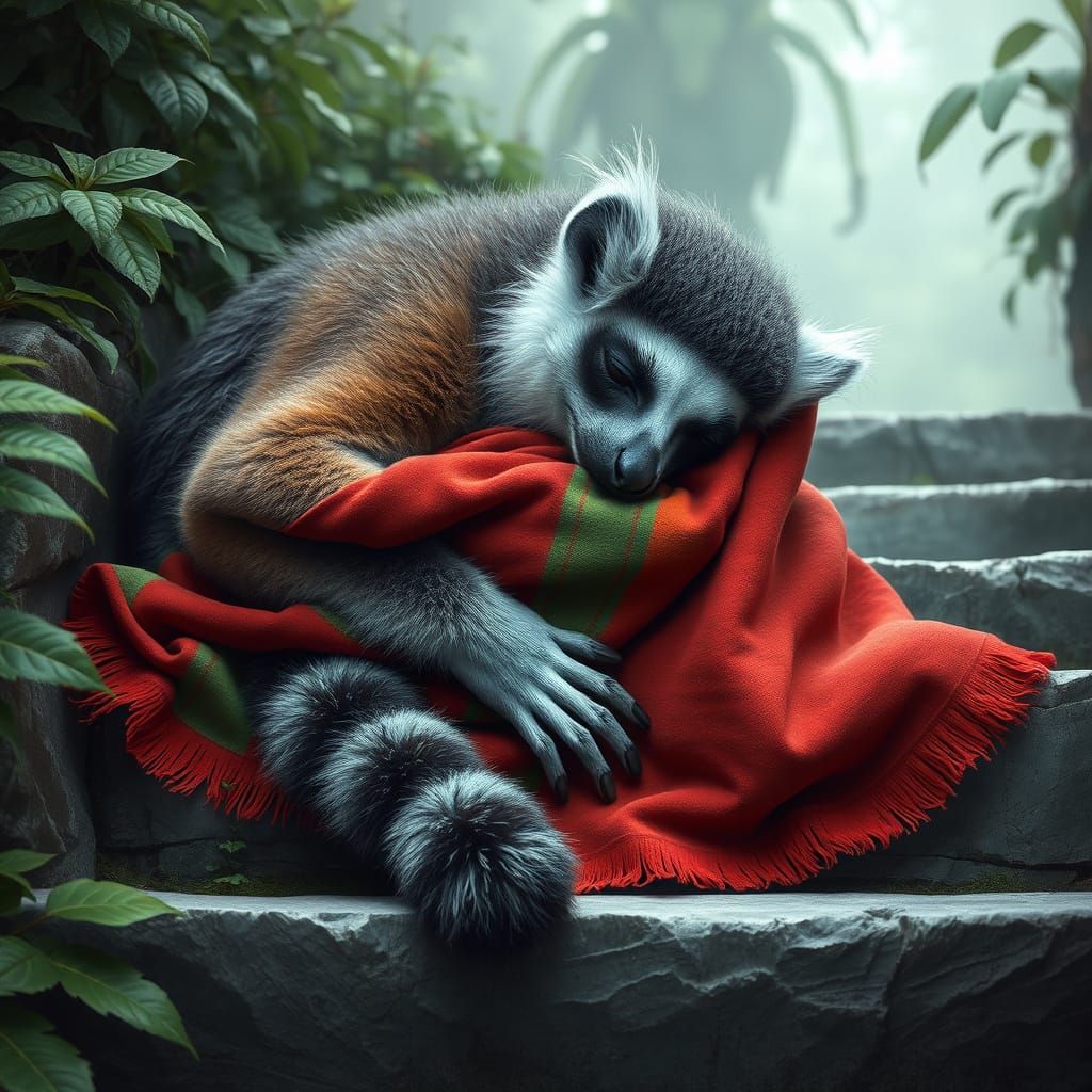 Serene Ringtail Lemur Sleeping on Stone Steps