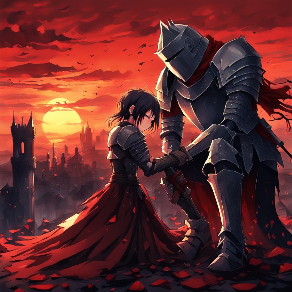 Anime Girl Crying in Blood Over Dead Knight