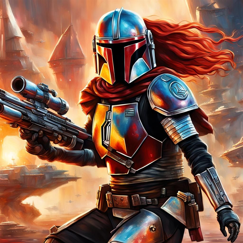 Lady Mandalorian Firing Blaster Cannon, Hyperrealistic Art