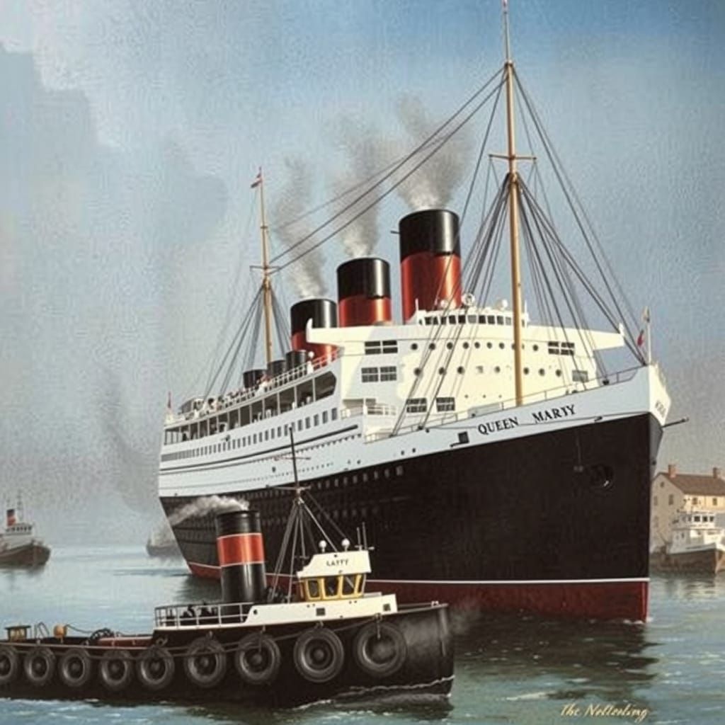 RMS Queen Mary Tugboat Departure for Liverpool Voyage