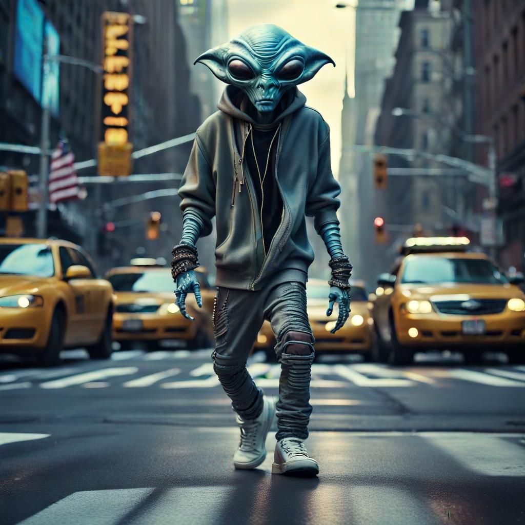 Hyperrealistic Alien Rapper in New York City