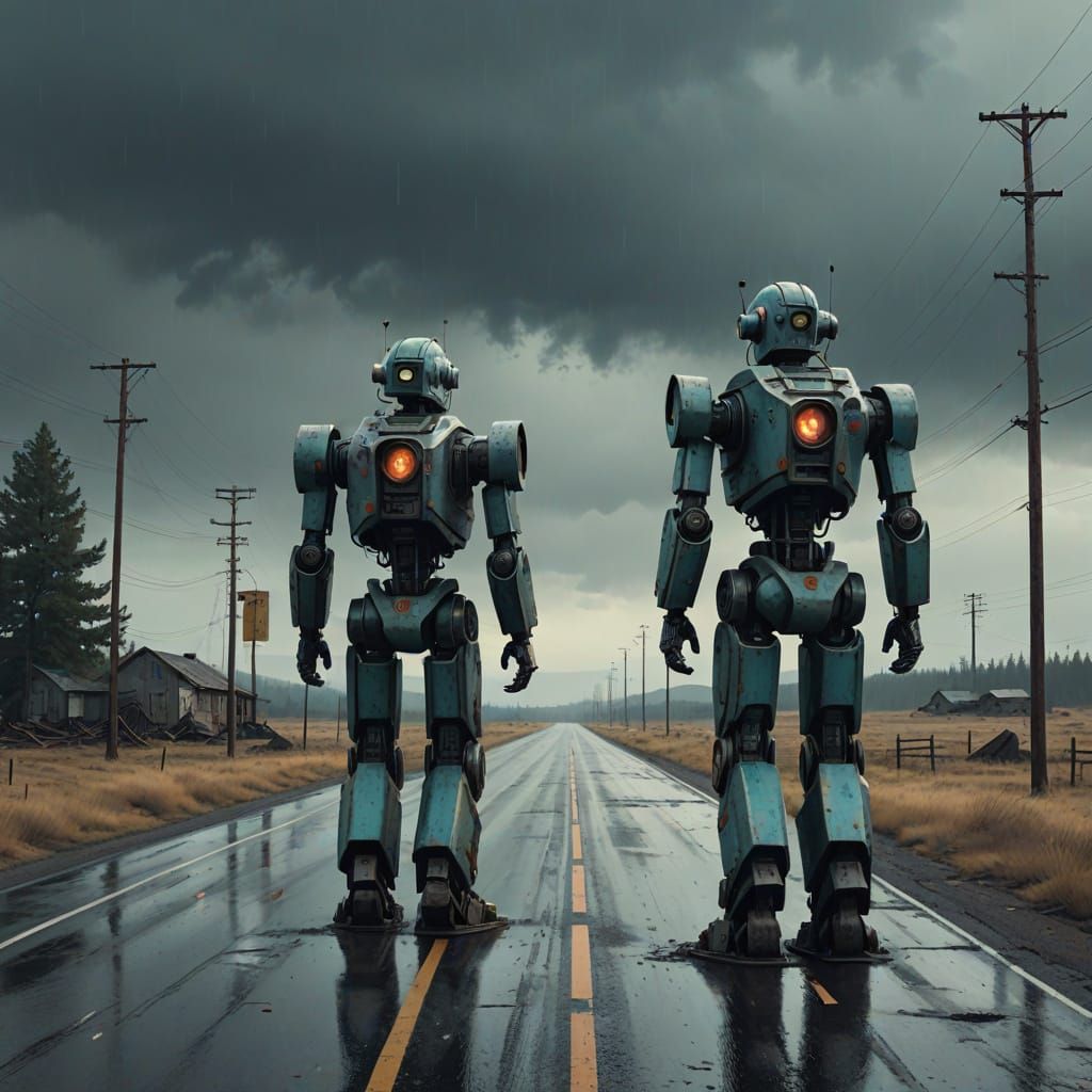 Robots on Two-Lane Road in Retro-Futuristic Style