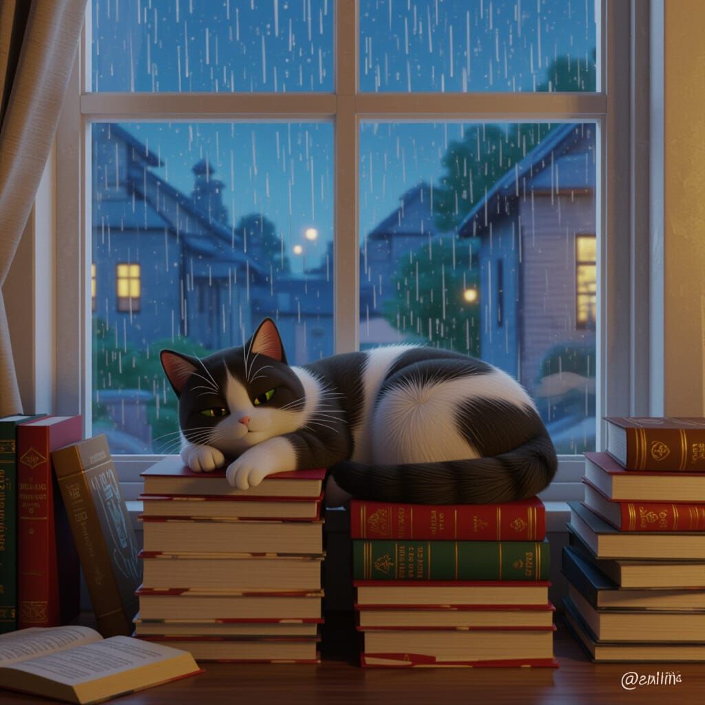 Cozy Cat Nap on Books: Lo-fi Anime Style