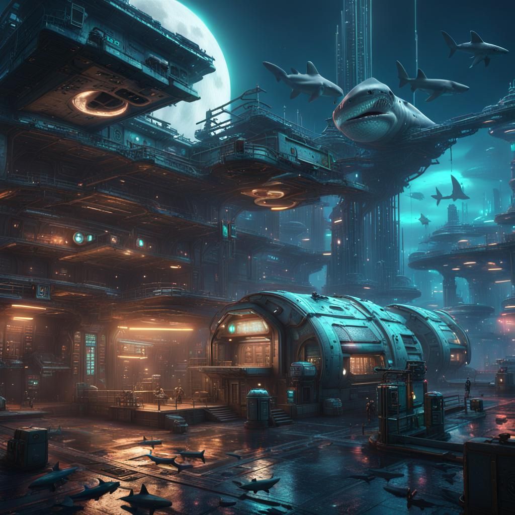Cyberpunk Moon Base with Sharks: Detailed Matte Painting